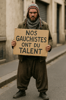 a man holds up a sign that says nos gauchistes ont du talent