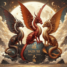 a painting of three dragons standing on a rock with the number 168 on it