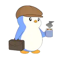 a penguin wearing a hat and holding a cup of coffee