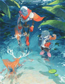 a painting of papyrus and sans standing in the water