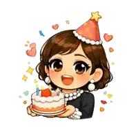 a cartoon girl wearing a party hat is holding a birthday cake .