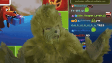 a screenshot of a video game with a green monster in the foreground