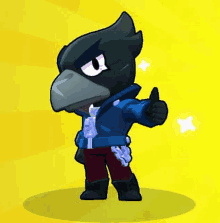 crow from brawl stars is giving a thumbs up sign while standing on a yellow background .