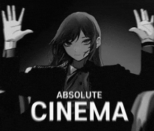 a poster for absolute cinema with a girl in a suit