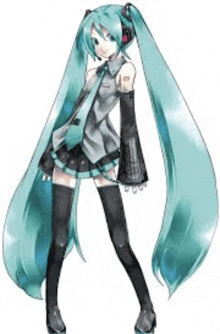 hatsune miku is a very long haired anime girl with headphones on her head .