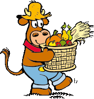 a cartoon cow wearing a straw hat is carrying a basket of fruit and vegetables