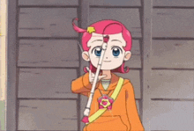 a cartoon girl with pink hair is holding a bow and arrow in her hand .