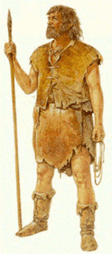 a painting of a caveman holding a stick and a spear