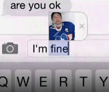 a text message with a picture of a man with a neck brace saying " are you ok " and " i 'm fine "