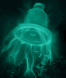 a skeleton in a top hat is surrounded by a glowing green object