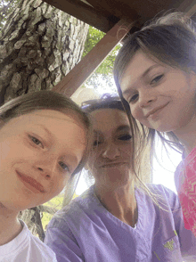 a woman wearing a purple shirt with a butterfly on it poses for a photo with two young girls