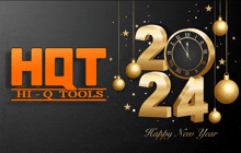 a hot hi-q tools logo with a clock and christmas decorations