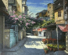 a painting of a narrow street with flowers in pots on the side