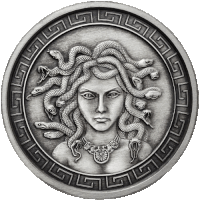 a silver coin with a woman with snakes on her head