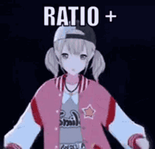 a girl wearing a baseball cap and a baseball jacket is standing in front of a sign that says `` ratio + '' .