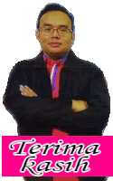 a man with glasses is standing with his arms crossed and a sign that says terima kasih