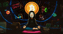 a cartoon of a man in a hoodie sitting in a lotus position with a bitcoin coin in the background