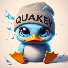 a cartoon duck wearing a quakey hat