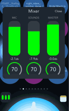 a phone screen shows a mixer app with three green bars