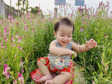 a baby in a winnie the pooh shirt sits in the grass