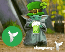 a baby yoda wearing a leprechaun hat holds a beer