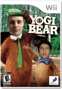 a wii game called yogi bear with a man and a bear on the cover