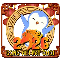 a picture of a penguin and a horse with gong hei fat choi written on it