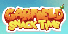 a cartoon logo for garfield snack time with a green apple on a stick