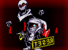 a pixel art drawing of a skeleton holding a sign that says reset