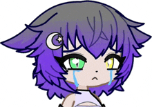 a drawing of a girl with purple hair and green eyes is crying