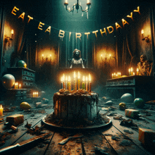 a dark room with a birthday cake and a banner that says eat ea birthday