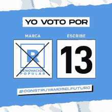 a blue and white poster that says yo voto por marca and escribe