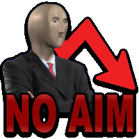 a man in a suit and tie stands in front of a red arrow and the words no aim