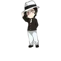 a cartoon character is wearing a white hat and a black suit and tie .