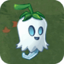 a cartoon ghost with blue eyes and a long tail is standing on a green field .