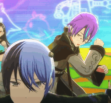 a man with purple hair and glasses is standing next to another man