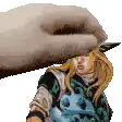 a hand is holding a statue of a man with long hair .