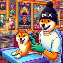 a doge wearing a dea hat is tattooing a dog