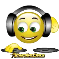 a smiley face wearing headphones and a star tamilchat.in logo on the bottom