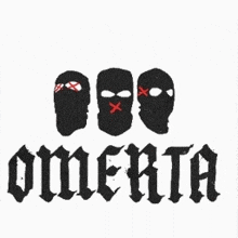 the word omerta is on a white background with three black masks