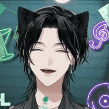 a man with a cat ear on his head smiles with a clef in the background