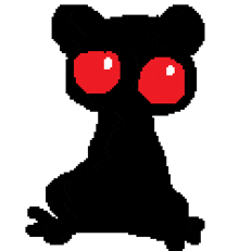 a pixel art drawing of a black bear with red eyes