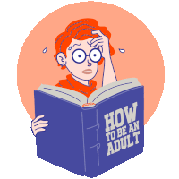 a cartoon illustration of a woman reading a book titled how to be an adult