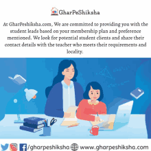 an advertisement for gharpeshiksha shows a teacher helping a student with homework