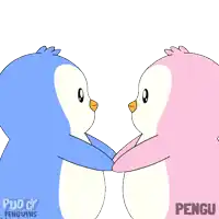 a cartoon of two penguins hugging each other with puddy penguins in the background