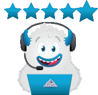 a cartoon yeti wearing headphones and a laptop with sticker mountain on it