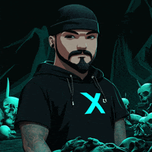 a man with a beard is wearing a black shirt with a blue x on it