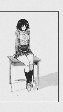 a girl is sitting on a desk in a black and white drawing