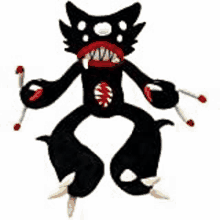 a stuffed black cat with sharp teeth and horns is holding a pair of lollipops .