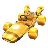 a gold toy car with a steering wheel and a white circle on the side